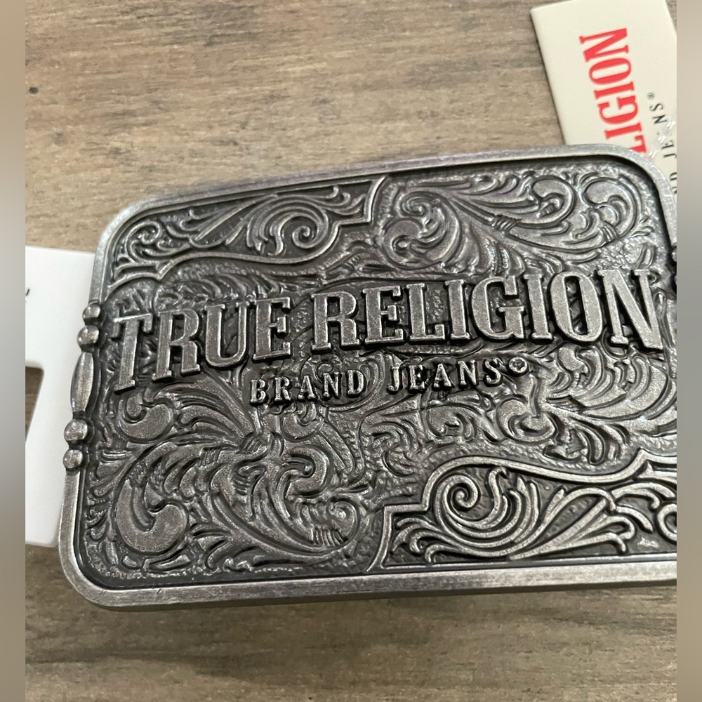 True Religion Western Rodeo cowgirl Equestrian belt large Pewter embossed buckle